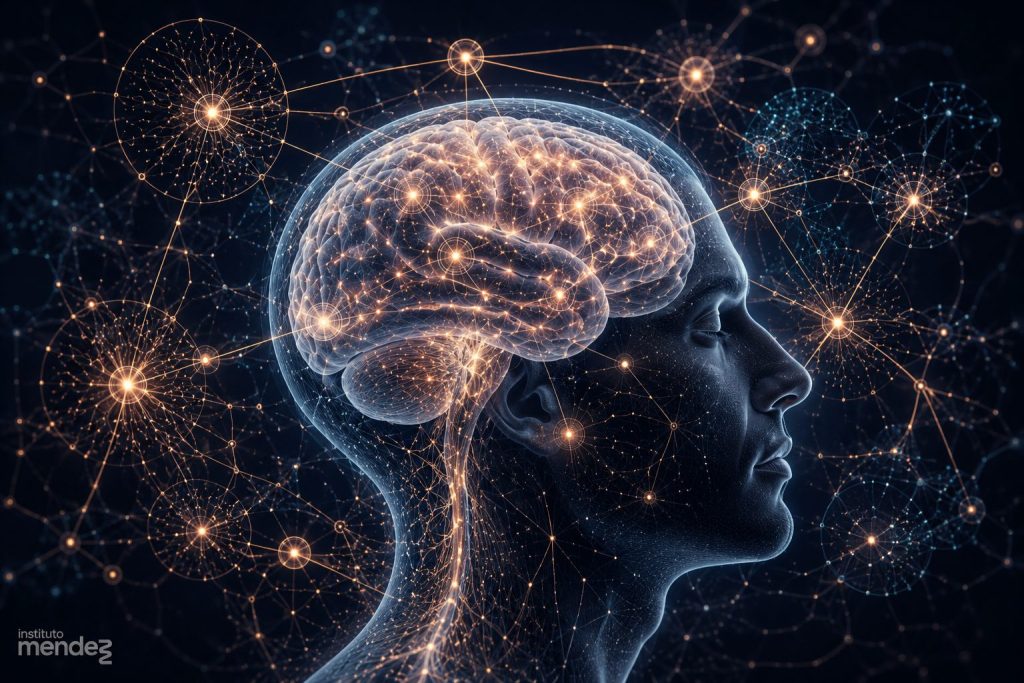 Representación artística de conexiones neuronales iluminadas